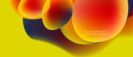 Abstract vibrant shapes overlap yellow backdrop. Gradient colors blend, creating dynamic visual effect. Modern design element.