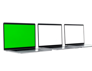 Three silver laptops on a black backdrop, one with a green screen