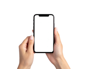 Person's hands hold a modern touchscreen phone with a bright white screen against black