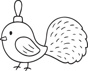 Hand-drawn vector doodle of a Christmas ornament shaped like a bird. Minimal black and white line art, perfect for eco-friendly holiday decor, winter design, greeting cards, or cozy seasonal packaging