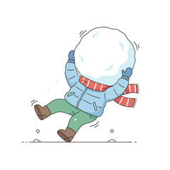 Obraz premium Cartoon of a child struggling to carry a large snowball.