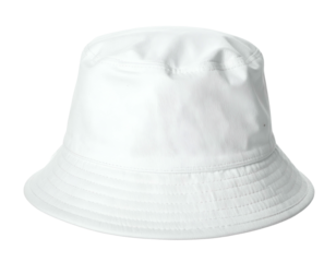 Plain white bucket hat, round crown, wide brim, smooth fabric, studio shot, isolated
