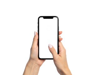 Two hands holding a black smartphone with blank, white screen against a black background