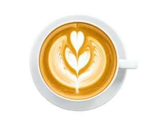 Overhead shot of a coffee cup with intricate latte art on a white saucer