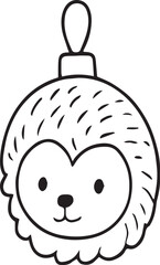 Hand-drawn doodle of a hedgehog Christmas ornament. Black and white vector line art illustration for cozy, handmade, eco-friendly, and sustainable holiday designs or winter decoration themes.