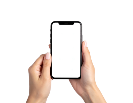 Person's hands hold a modern touchscreen phone with a bright white screen against black