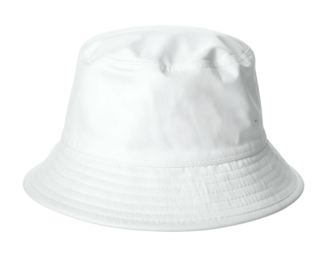 Plain white bucket hat, round crown, wide brim, smooth fabric, studio shot, isolated