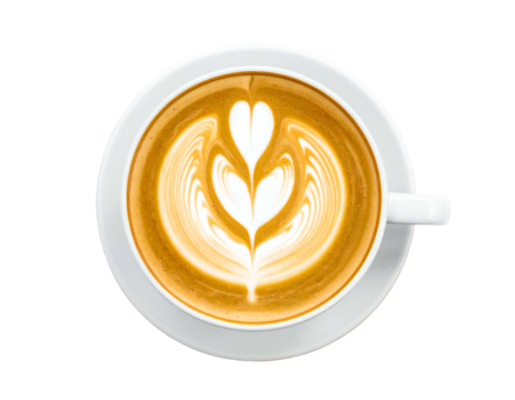 Overhead shot of a coffee cup with intricate latte art on a white saucer