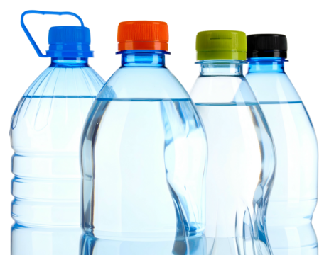 Four clear bottles filled with water, each with a colored cap, reflecting on a surface