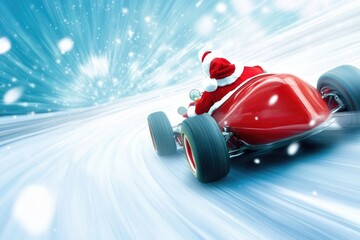 Santa claus zooming in a red race car with christmas lights in the background