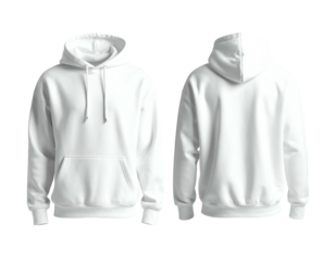 Front and back view of a classic white hooded sweatshirt with a front pocket, isolated