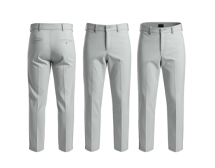 Light gray, tailored trousers presented in three views rear, front and a second frontal