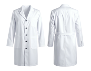 Front and back views of a long-sleeved, white lab coat with button closure and pockets