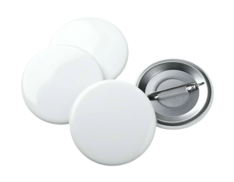 Group of round, white, blank badges, showing front and reverse, on a plain black background