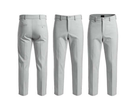 Light gray, tailored trousers presented in three views rear, front and a second frontal