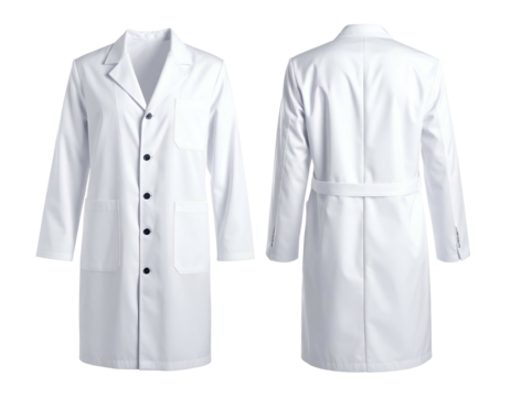 Front and back views of a long-sleeved, white lab coat with button closure and pockets