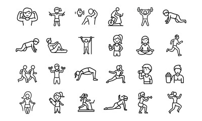 Collection of hand drawn sketch style icons representing various sports activities and fitness exercises for health and wellness concepts