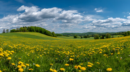 Obraz premium Panoramic Spring Meadow Landscape with Yellow Dandelions Blue Sky and Rolling Hills Nature Photography