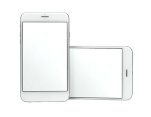 Two white rectangular devices with blank screens, one upright and the other lying down