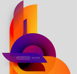 Abstract geometric shapes overlap, creating vibrant color gradients. Modern design elements suggest dynamic composition.