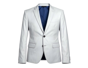 An elegant, tailored, white suit jacket with a blue interior. Front-facing, isolated on black