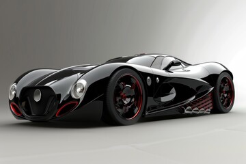 Black futuristic sports car with red details standing in a studio with grey background
