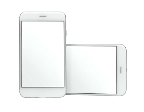 Two white rectangular devices with blank screens, one upright and the other lying down - Powered by Adobe