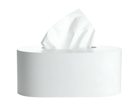 A white, cylindrical container dispensing folded white tissues, isolated on a black background