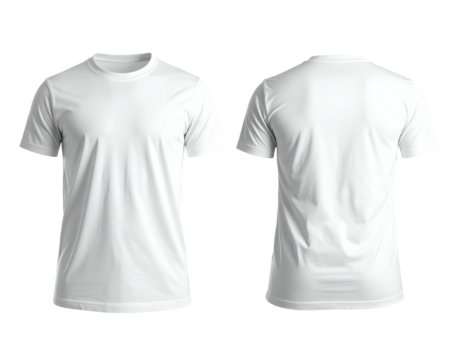 Front and back view of a plain white crew-neck short-sleeved t-shirt on a transparent background (1)
