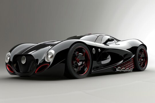 Black futuristic sports car with red details standing in a studio with grey background