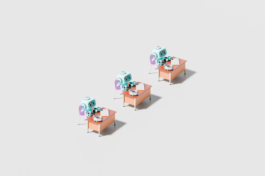 3D robots working with computers in a modern office pattern
