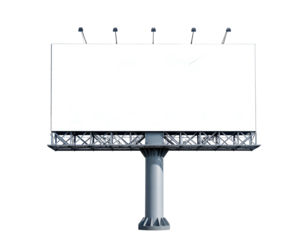A large, empty roadside billboard with lighting fixtures against a solid black background