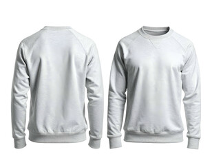 Front and back view of a plain white crew neck sweatshirt with a raglan sleeve design