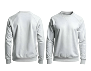 Front and back view of a plain white crew neck sweatshirt with a raglan sleeve design