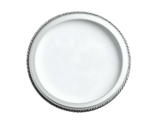 A close-up of a round, metallic-trimmed dish with a white interior