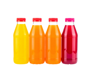 Four glass bottles, each filled with a different colored fruit beverage