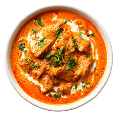 Delicious bowl of Chicken Tikka Masala with fresh cilantro and red peppers isolated on transparent background