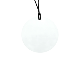 Circular pendant with a blank, white face and a black string for wear