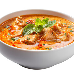 Delicious bowl of Chicken Tikka Masala with fresh cilantro and red peppers isolated on transparent background