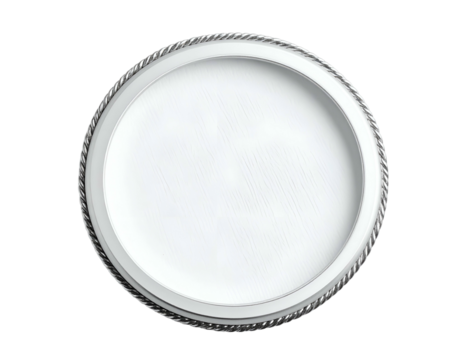 A close-up of a round, metallic-trimmed dish with a white interior