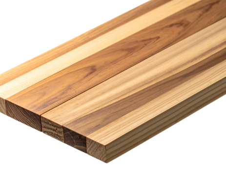 Angled close-up of a rectangular cutting board made of light and dark wood grain