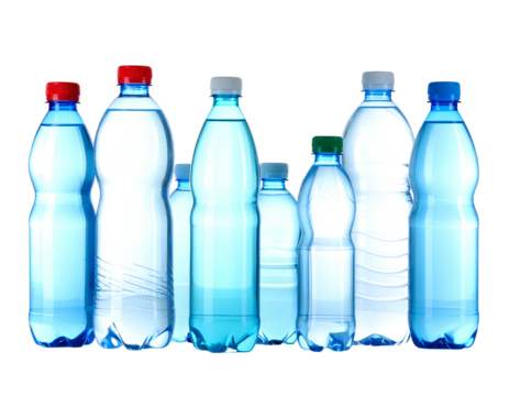 Group of clear plastic water bottles with colorful caps, isolated against black
