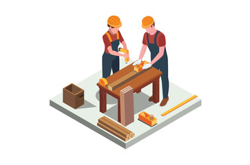 Isometric illustration carpenter doing wood drill, suitable for related digital assets
