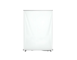An isolated promotional banner mockup in upright rectangular format, white fabric, on a black background