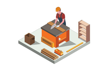 Isometric illustration carpenter sawing board with saw, vector illustration