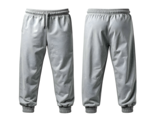 Front and back views of gray sweatpants. Drawstrings at waist, cuffed ankles