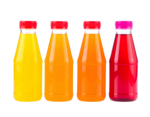 Four bottles of vibrantly colored beverages with red caps, arranged in a row on black
