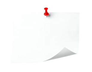 White rectangular paper with a curled corner and a red pushpin affixed to its top left
