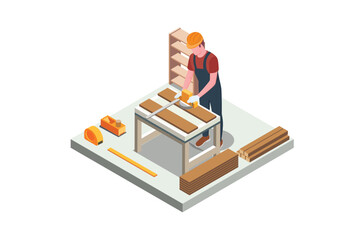 Isometric illustration carpenter doing wood drill, suitable for related digital assets