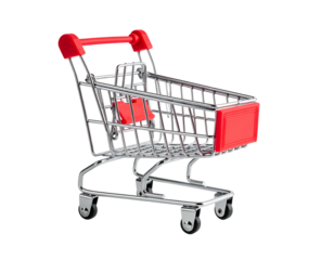 A miniature metal and red shopping cart, rendered with fine detail, against a black background